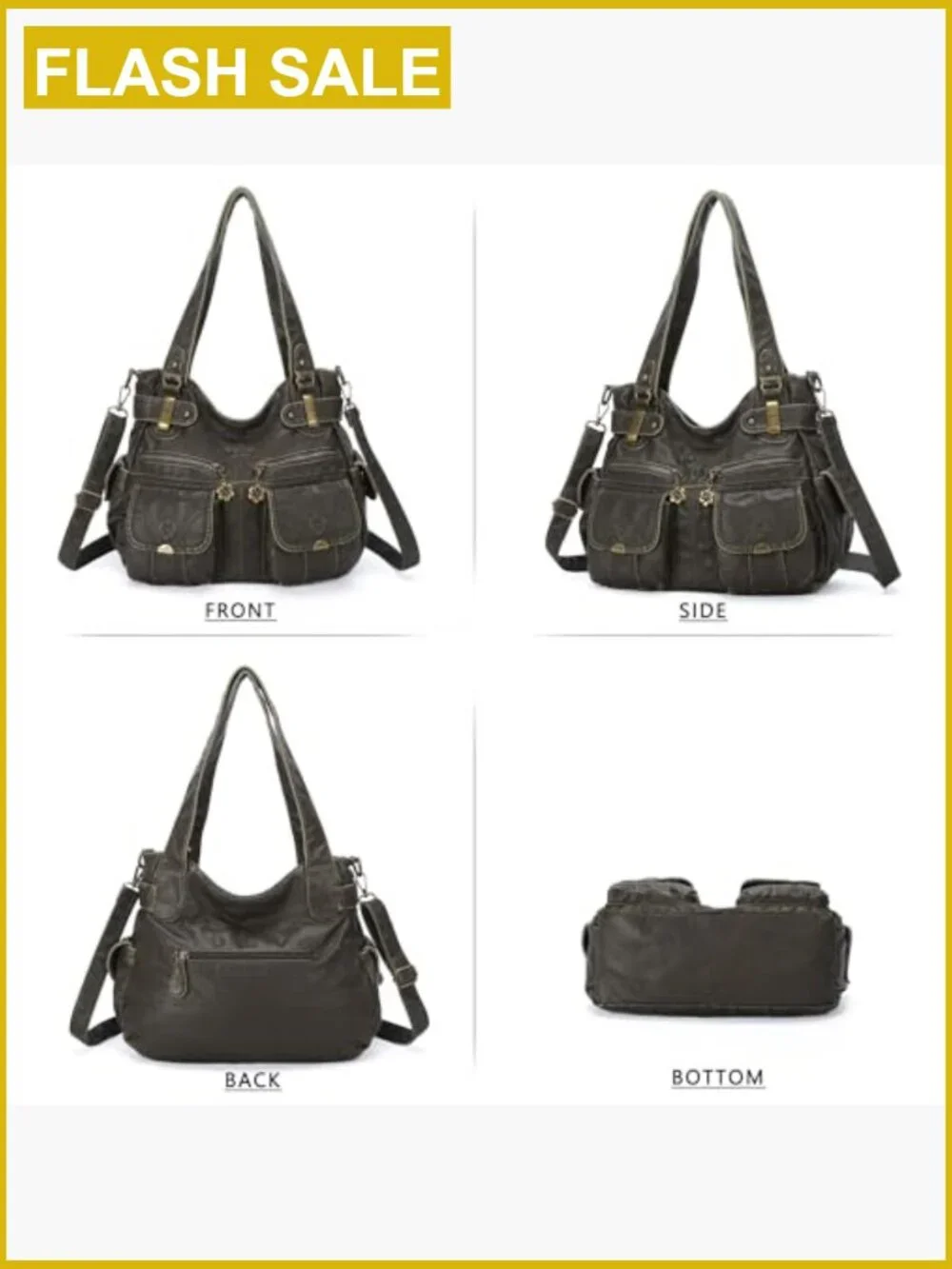 Washed PU Leather Hobo Tote Shoulder Bag Double Zipper Multi Pocket